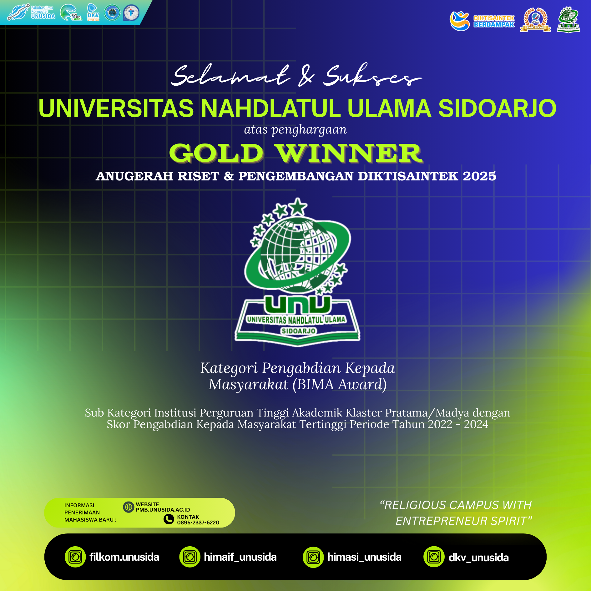 Universitas Nahdlatul Ulama Sidoarjo Raih Penghargaan Anugerah Riset dan Pengembangan DIKTISAINTEK 2025