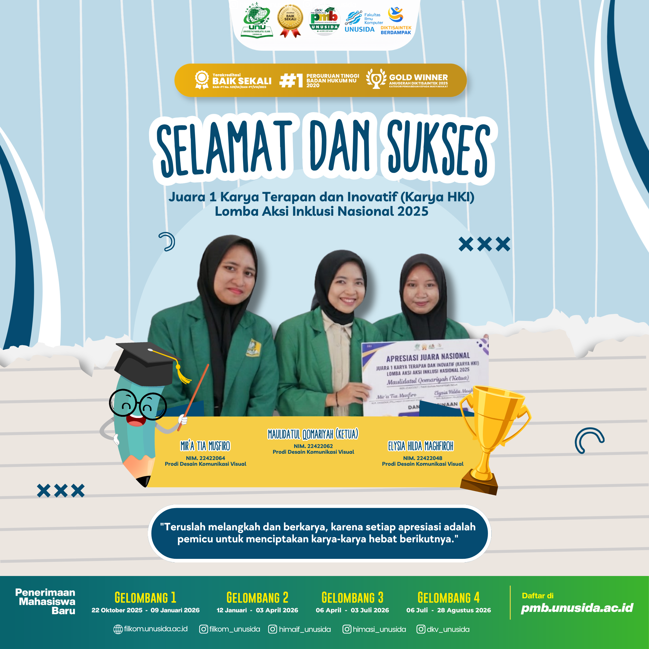 JUARA 1 Karya Terapan dan Inovatif (Karya HKI) dalam ajang Lomba Aksi Inklusi Nasional 2025.
